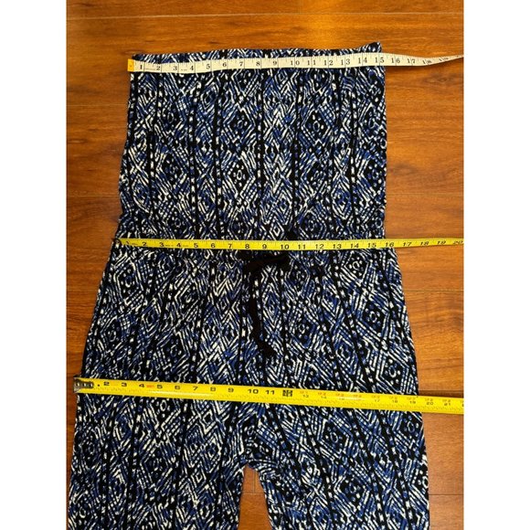 AMBIANCE Blue Tribal Design Elastic Waist Drawstring Strapless Jumpsuit Size L - Picture 9 of 12